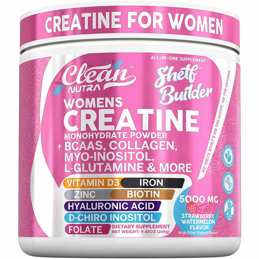 Clean Nutra Womens Creatine Monohydrate Powder 5000mg + Collagen, BCAAs, Myo-Inositol, Maca Root, L-Glutamine, Hyaluronic Acid, Folate, Biotin, Zinc & Iron, Vegan, Made in USA, 30 Servings.