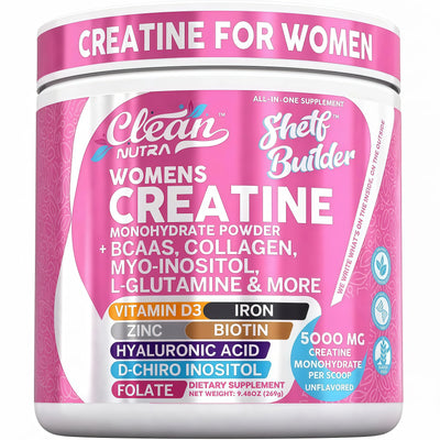 Clean Nutra Womens Creatine Monohydrate Powder 5000mg + Collagen, BCAAs, Myo-Inositol, Maca Root, L-Glutamine, Hyaluronic Acid, Folate, Biotin, Zinc & Iron, Vegan, Made in USA, 30 Servings.
