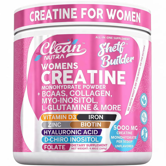 Clean Nutra Womens Creatine Monohydrate Powder 5000mg + Collagen, BCAAs, Myo-Inositol, Maca Root, L-Glutamine, Hyaluronic Acid, Folate, Biotin, Zinc & Iron, Vegan, Made in USA, 30 Servings.