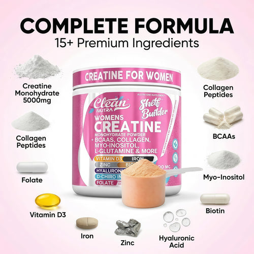 Clean Nutra Womens Creatine Monohydrate Powder 5000mg + Collagen, BCAAs, Myo-Inositol, Maca Root, L-Glutamine, Hyaluronic Acid, Folate, Biotin, Zinc & Iron, Vegan, Made in USA, 30 Servings.
