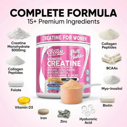 Clean Nutra Womens Creatine Monohydrate Powder 5000mg + Collagen, BCAAs, Myo-Inositol, Maca Root, L-Glutamine, Hyaluronic Acid, Folate, Biotin, Zinc & Iron, Vegan, Made in USA, 30 Servings.