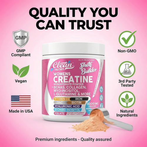 Clean Nutra Womens Creatine Monohydrate Powder 5000mg + Collagen, BCAAs, Myo-Inositol, Maca Root, L-Glutamine, Hyaluronic Acid, Folate, Biotin, Zinc & Iron, Vegan, Made in USA, 30 Servings.