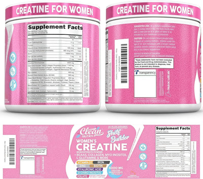 Clean Nutra Womens Creatine Monohydrate Powder 5000mg + Collagen, BCAAs, Myo-Inositol, Maca Root, L-Glutamine, Hyaluronic Acid, Folate, Biotin, Zinc & Iron, Vegan, Made in USA, 30 Servings.