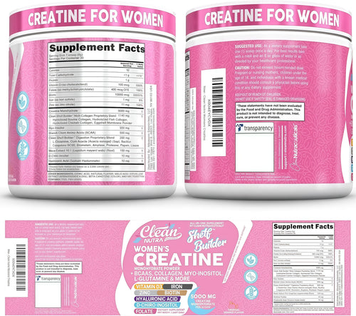 Clean Nutra Womens Creatine Monohydrate Powder 5000mg + Collagen, BCAAs, Myo-Inositol, Maca Root, L-Glutamine, Hyaluronic Acid, Folate, Biotin, Zinc & Iron, Vegan, Made in USA, 30 Servings.