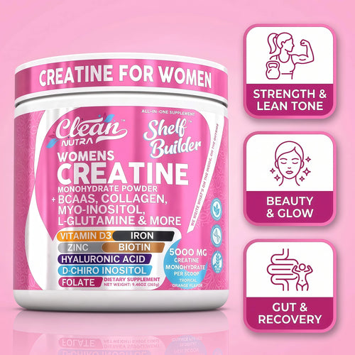 Clean Nutra Womens Creatine Monohydrate Powder 5000mg + Collagen, BCAAs, Myo-Inositol, Maca Root, L-Glutamine, Hyaluronic Acid, Folate, Biotin, Zinc & Iron, Vegan, Made in USA, 30 Servings.
